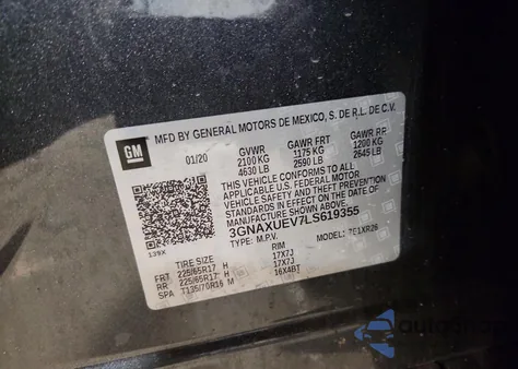 2020 Chevrolet Equinox Lt из США, поврежденный, VIN 3GNAXUEV7LS619355